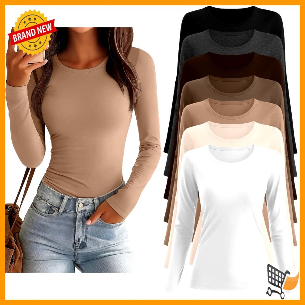 7 Pack Long Sleeve Crew Neck Slim Fit Tees - Cotton Blend Basic Tops